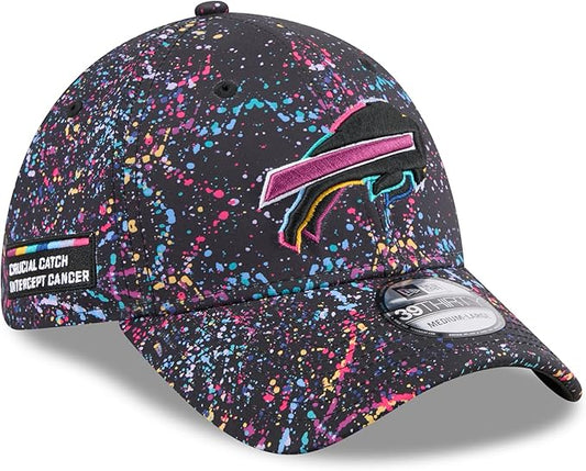 New Era 39THIRTY NFL 2025 Buffalo Bills Crucial Catch Intercept Cancer Paint Splatter Stretch Fit Hat - Black (CA/US, Alpha, One Size, Small/Medium, Black)