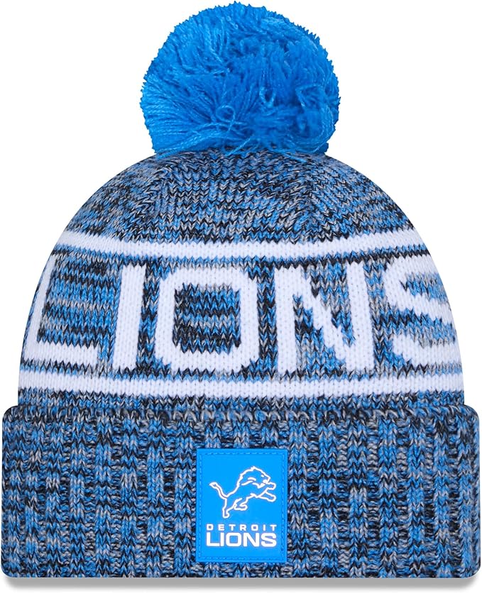 New Era NFL 2025 Sideline Cold Weather Cuffed Knit Hat with Pom (CA/US, Alpha, One Size, Blue, Detroit Lions)