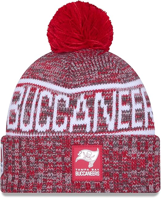 New Era NFL 2025 Sideline Cold Weather Cuffed Knit Hat with Pom (CA/US, Alpha, One Size, Red, Tampa Bay Buccaneers)