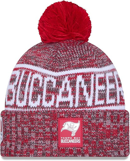 New Era NFL 2025 Sideline Cold Weather Cuffed Knit Hat with Pom (CA/US, Alpha, One Size, Red, Tampa Bay Buccaneers)