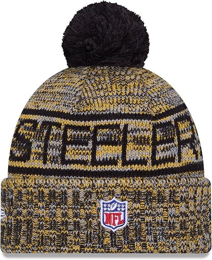 New Era NFL 2025 Sideline Cold Weather Cuffed Knit Hat with Pom (CA/US, Alpha, One Size, Gold, Pittsburgh Steelers)