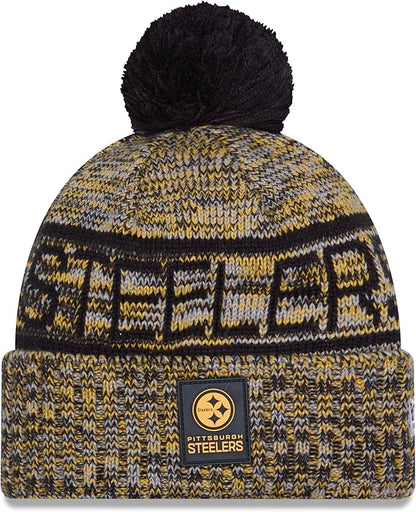 New Era NFL 2025 Sideline Cold Weather Cuffed Knit Hat with Pom (CA/US, Alpha, One Size, Gold, Pittsburgh Steelers)