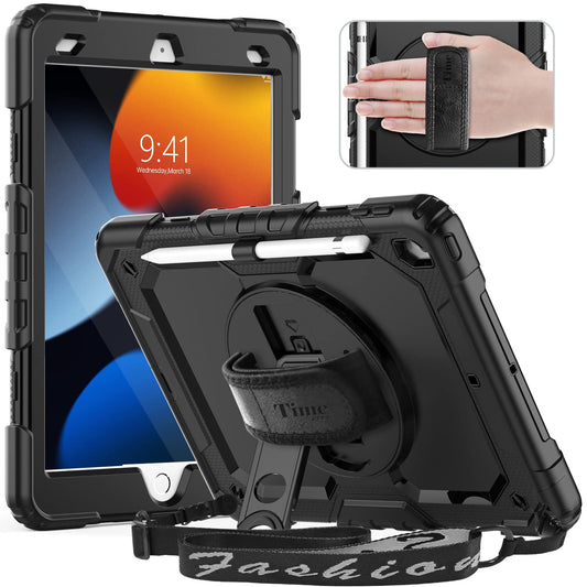 Timecity Case for iPad 7th/8th/9th/10th/11th Generation with Screen Protector, Full-Body Protection Case with 360 Rotating Stand & Soft Hand/Shoulder Strap/Pencil Holder