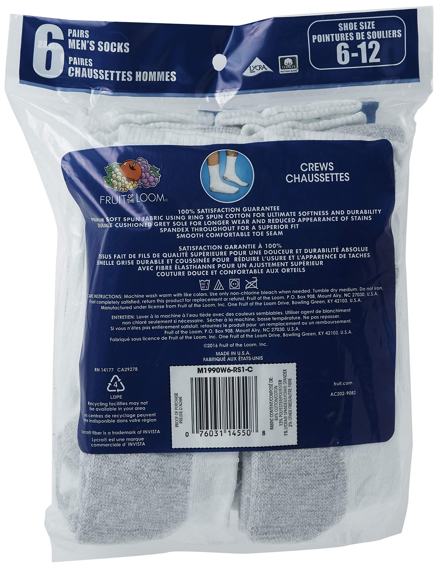 Fruit of the Loom mens Core 6 Pack CrewMen Socks