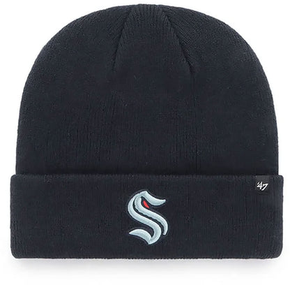 '47 Seattle Kraken Mens Womens Raised Cuff Knit Stretch Fit Navy Light Blue Logo Beanie, One Size, Navy, One Size
