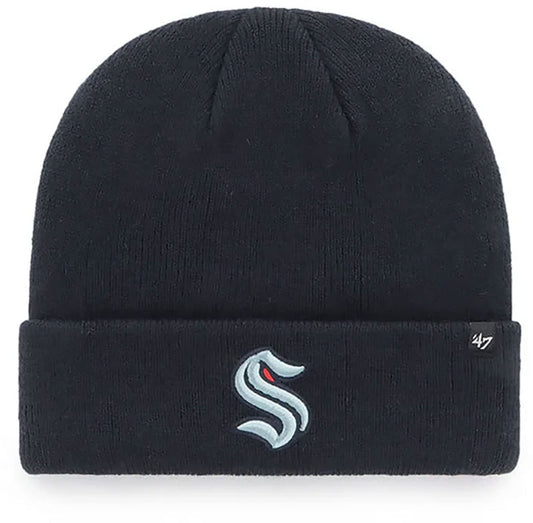 '47 Seattle Kraken Mens Womens Raised Cuff Knit Stretch Fit Navy Light Blue Logo Beanie, One Size, Navy, One Size