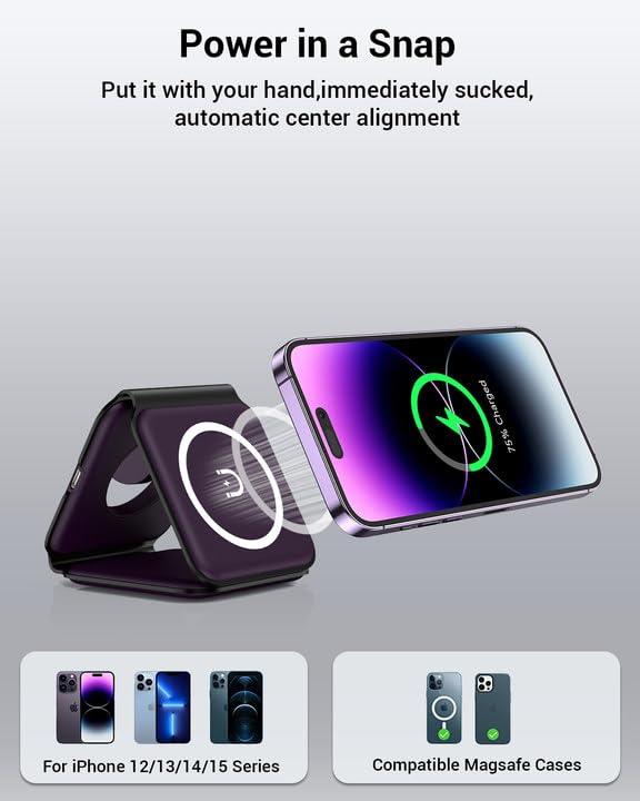 Wireless Charger, Magnetic Foldable 3 in 1 Wireless Charger, Fast Travel Wireless Charging Station for iPhone 15/14/13/12/ Series,for iWatch,for AirPods (Adapter Included)