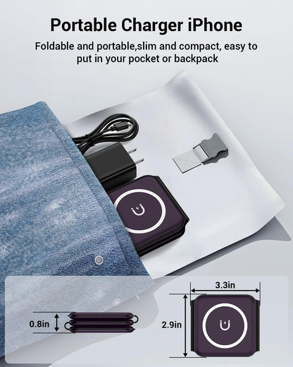 Wireless Charger, Magnetic Foldable 3 in 1 Wireless Charger, Fast Travel Wireless Charging Station for iPhone 15/14/13/12/ Series,for iWatch,for AirPods (Adapter Included)