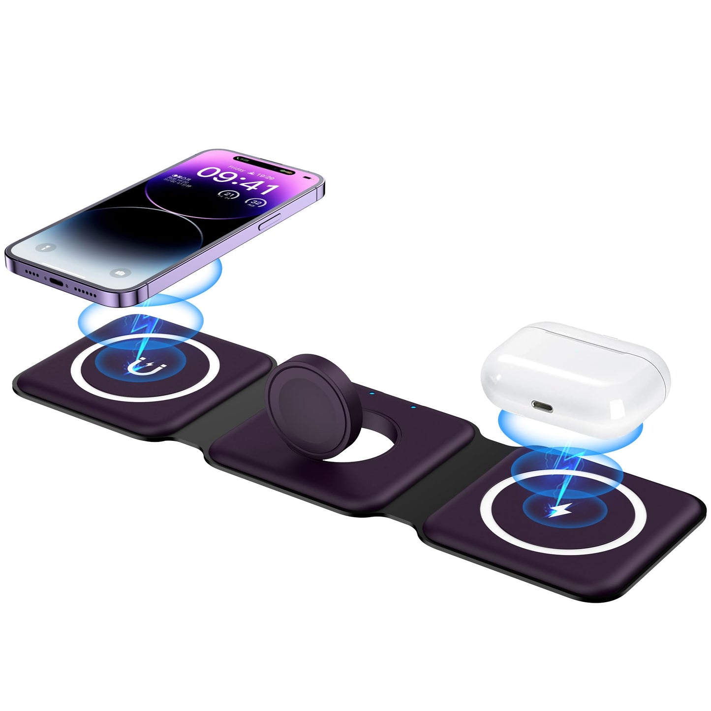 Wireless Charger, Magnetic Foldable 3 in 1 Wireless Charger, Fast Travel Wireless Charging Station for iPhone 15/14/13/12/ Series,for iWatch,for AirPods (Adapter Included)
