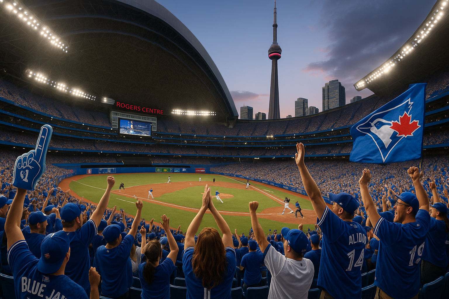 People cheering for baseball in rogers center and CN tower should be also visible in the picture